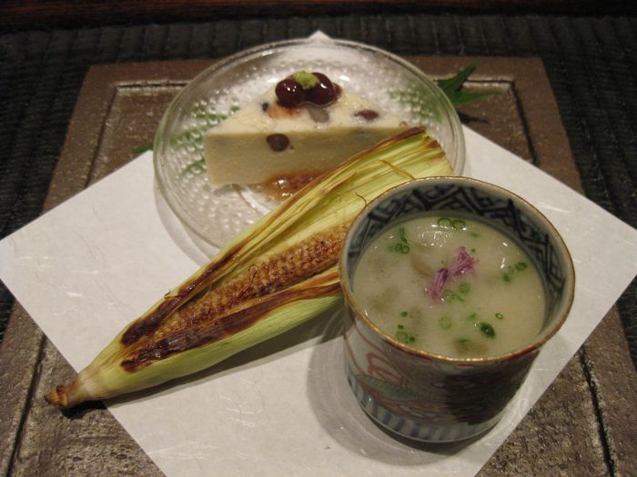 Kajitsu bean cake, baby corn and parsley root soup